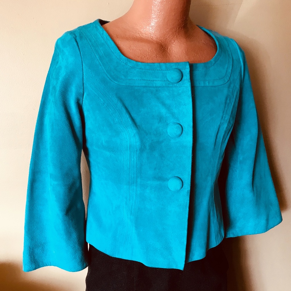 Vintage CACHE Vintage Turquoise Blue Suede leather 3/4 Sleeve Jacket